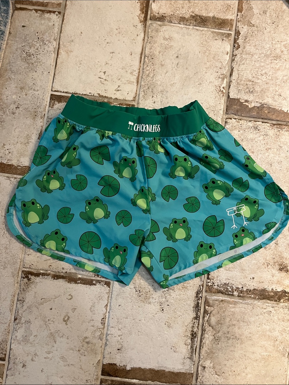 Chicknlegs Frog Print Athletic Shorts - Teal & Green Mens XL